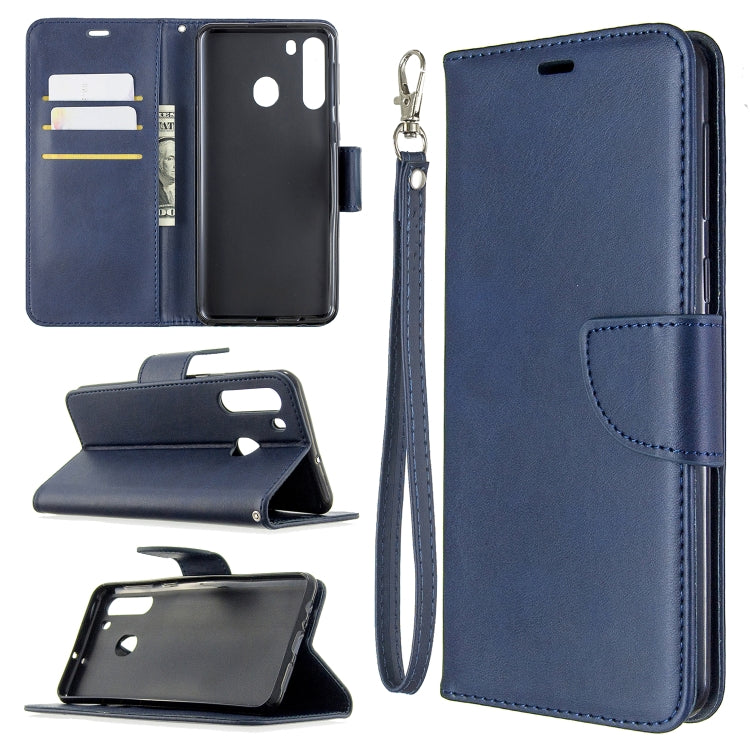 For Galaxy A21 Retro Lambskin Texture Pure Color Horizontal Flip PU Leather Case with Holder & Card Slots & Wallet & Lanyard