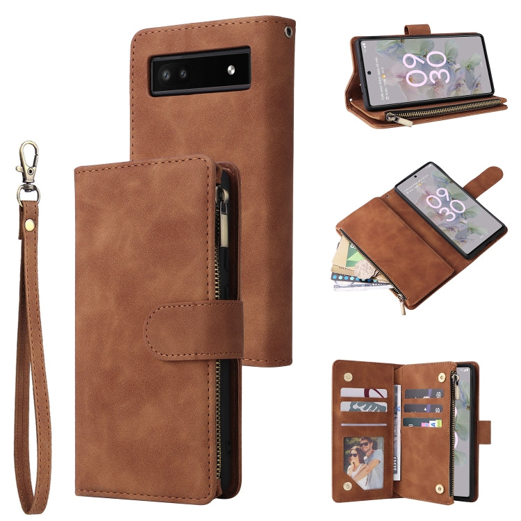 For Google Pixel 6a Multifunctional Frosted Zipper Wallet Leather Phone Case