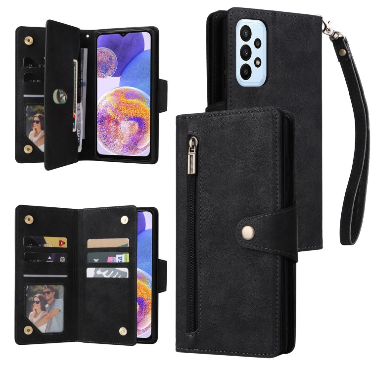 For Samsung Galaxy A23 4G Rivet Buckle 9 Cards Three Fold Leather Phone Case