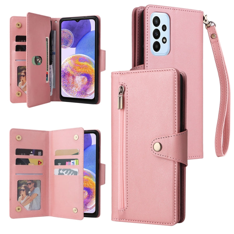 For Samsung Galaxy A23 4G Rivet Buckle 9 Cards Three Fold Leather Phone Case