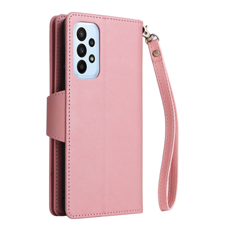 For Samsung Galaxy A23 4G Rivet Buckle 9 Cards Three Fold Leather Phone Case