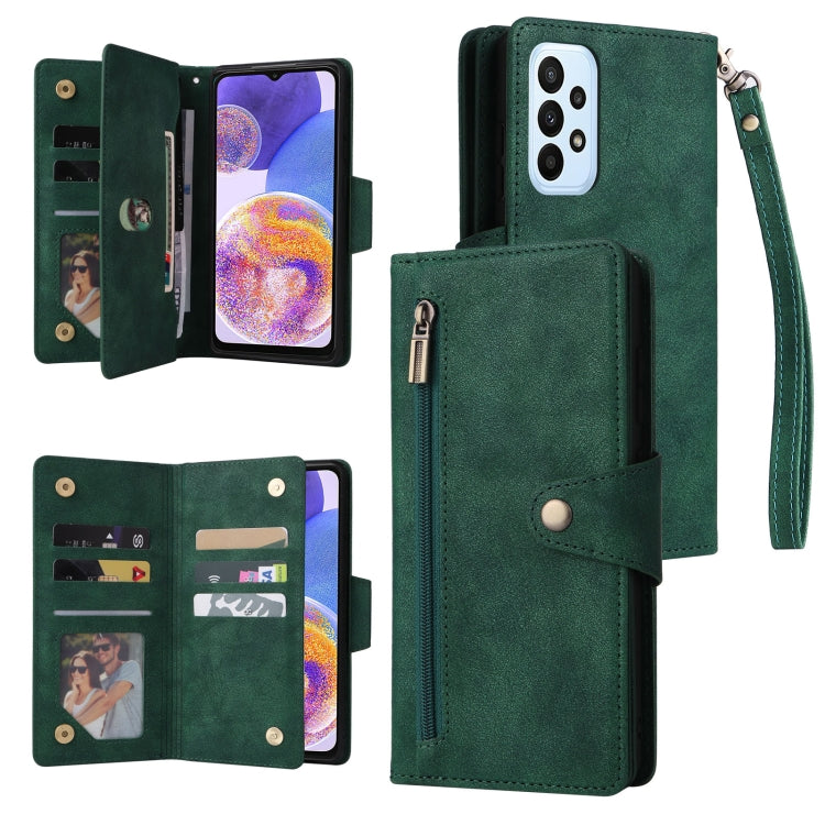 For Samsung Galaxy A23 4G Rivet Buckle 9 Cards Three Fold Leather Phone Case