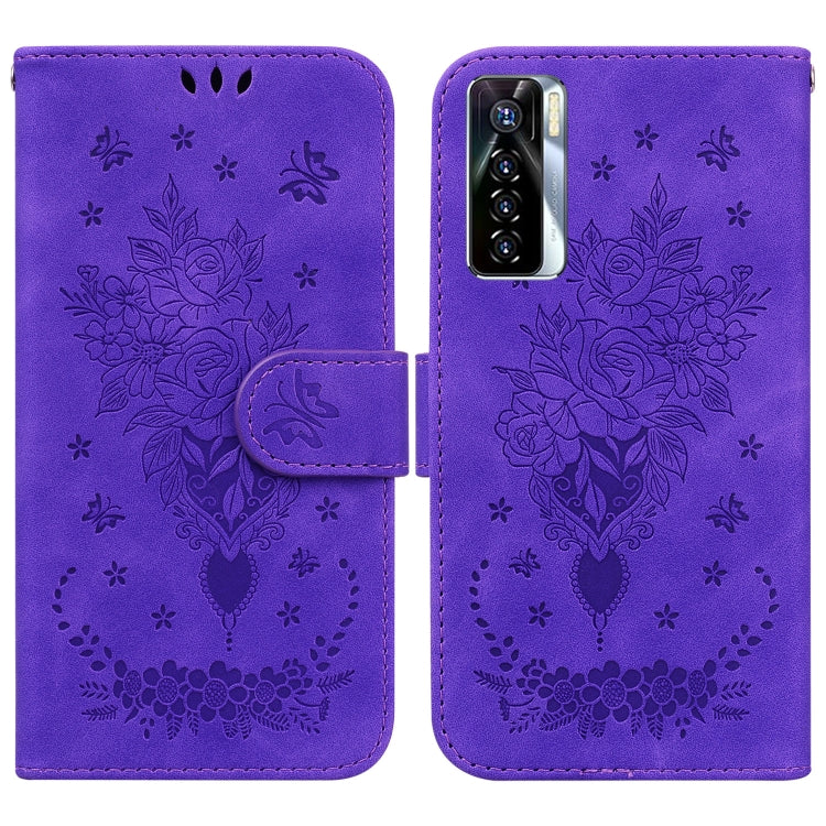 For Tecno Camon 17 Pro Butterfly Rose Embossed Leather Phone Case