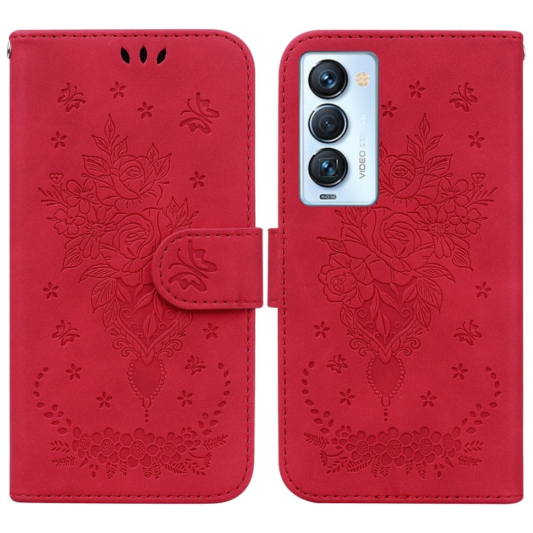 For Tecno Camon 18 Premier Butterfly Rose Embossed Leather Phone Case