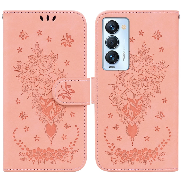 For Tecno Camon 18 Premier Butterfly Rose Embossed Leather Phone Case