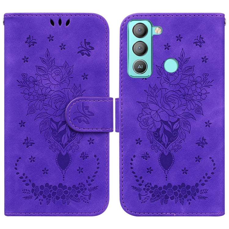 For Tecno Pop 5 Lite BD4 Butterfly Rose Embossed Leather Phone Case