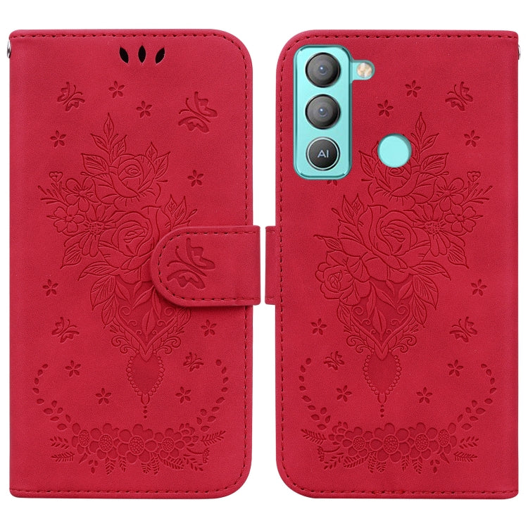 For Tecno Pop 5 Lite BD4 Butterfly Rose Embossed Leather Phone Case