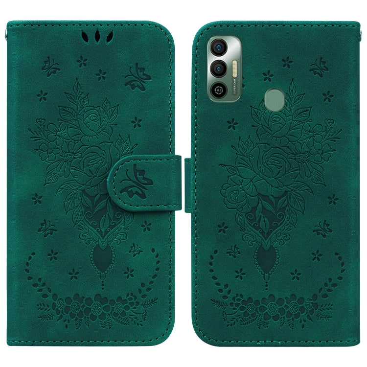 For Tecno Spark 7 Butterfly Rose Embossed Leather Phone Case