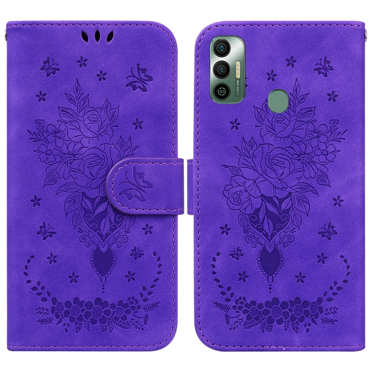 For Tecno Spark 7 Butterfly Rose Embossed Leather Phone Case