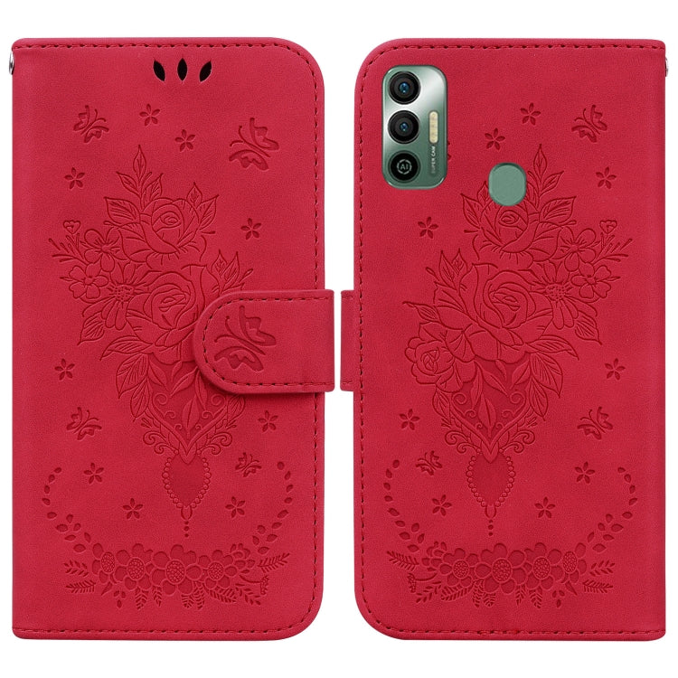 For Tecno Spark 7 Butterfly Rose Embossed Leather Phone Case