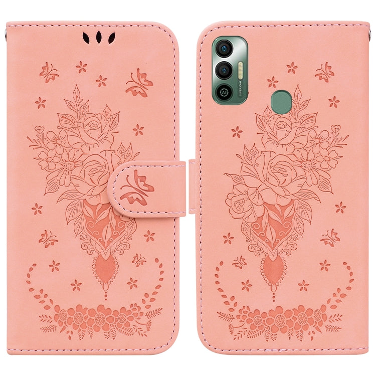 For Tecno Spark 7 Butterfly Rose Embossed Leather Phone Case