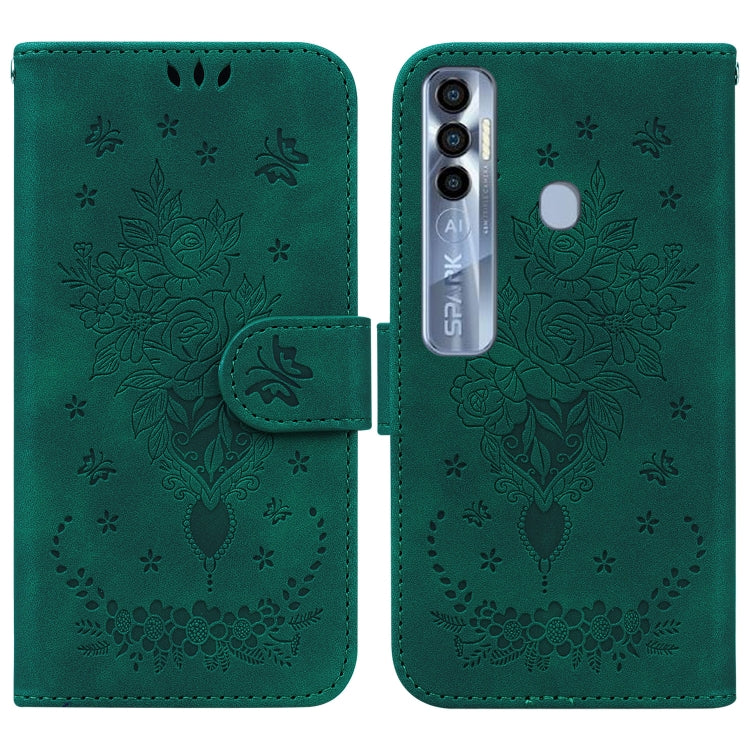 For Tecno Spark 7 Pro Butterfly Rose Embossed Leather Phone Case