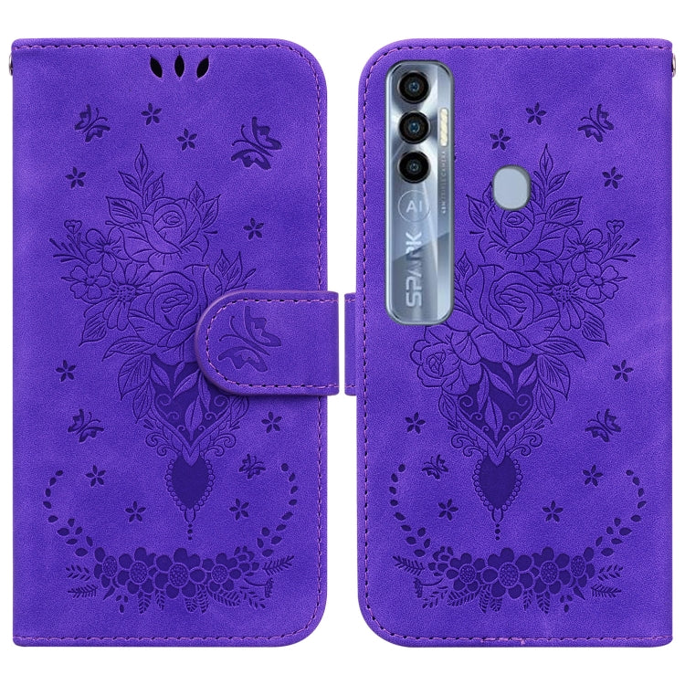 For Tecno Spark 7 Pro Butterfly Rose Embossed Leather Phone Case