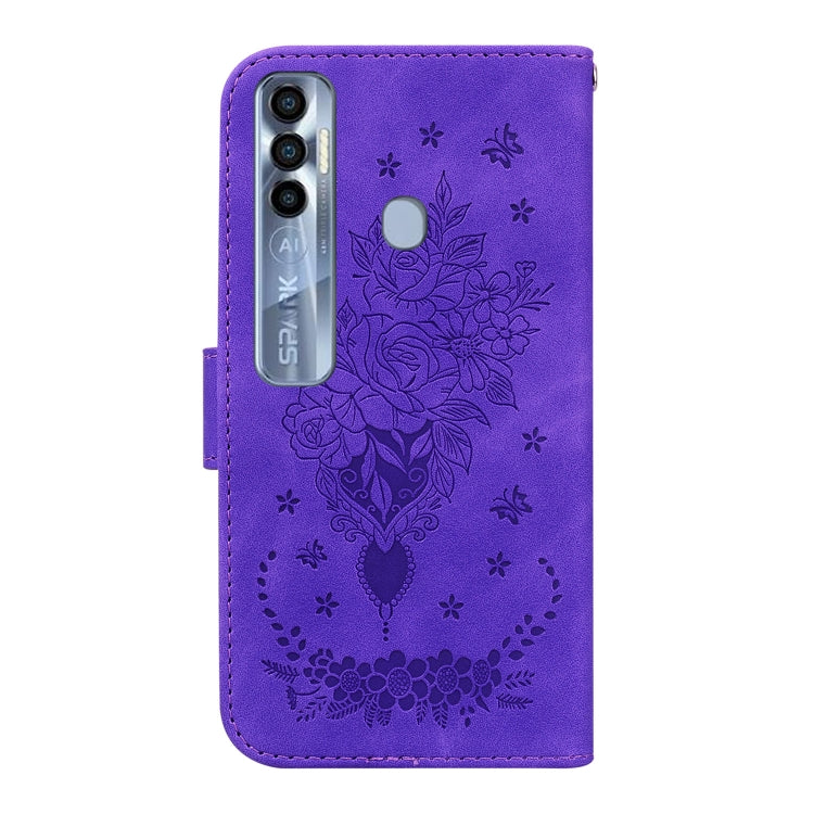 For Tecno Spark 7 Pro Butterfly Rose Embossed Leather Phone Case