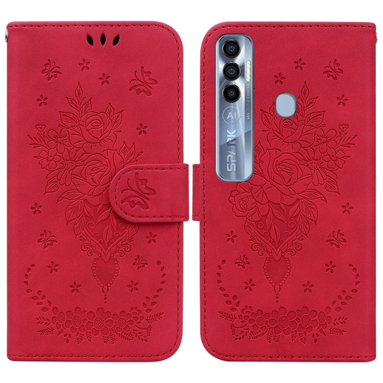 For Tecno Spark 7 Pro Butterfly Rose Embossed Leather Phone Case