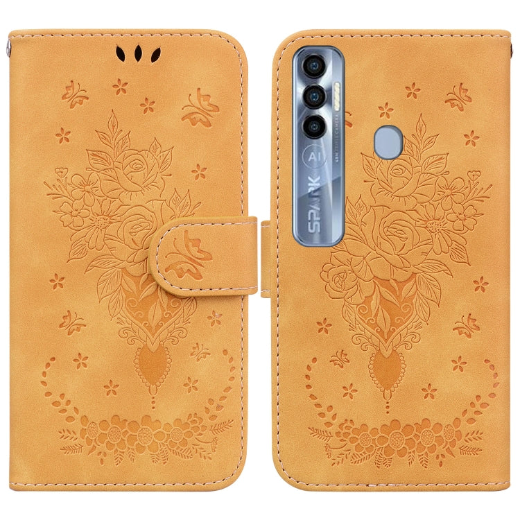 For Tecno Spark 7 Pro Butterfly Rose Embossed Leather Phone Case