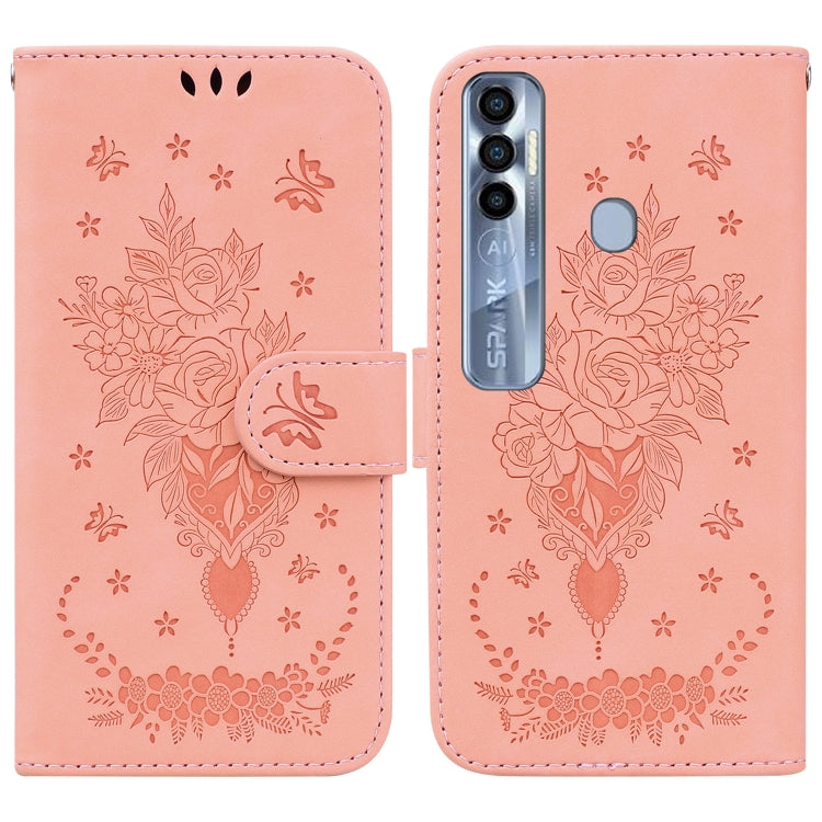For Tecno Spark 7 Pro Butterfly Rose Embossed Leather Phone Case