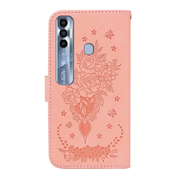 For Tecno Spark 7 Pro Butterfly Rose Embossed Leather Phone Case