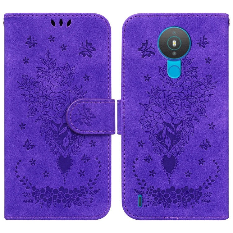 For Nokia 1.4 Butterfly Rose Embossed Leather Phone Case
