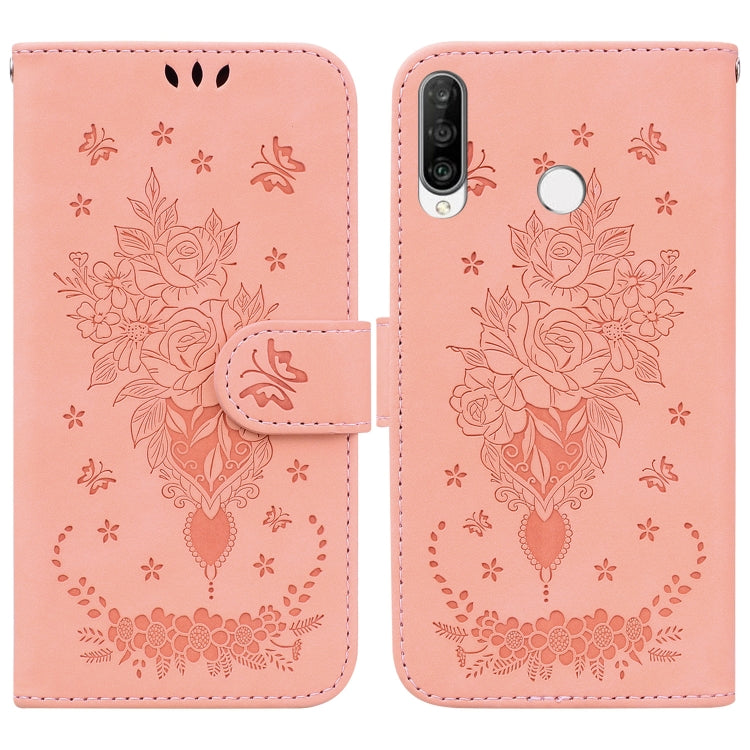 For Huawei P30 Lite / nova 4e Butterfly Rose Embossed Leather Phone Case