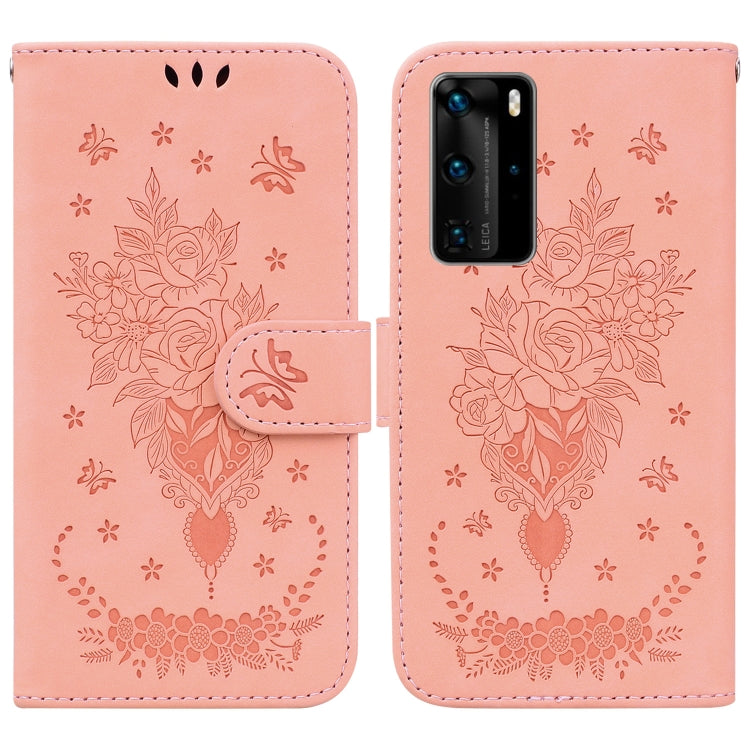 For Huawei P40 Pro Butterfly Rose Embossed Leather Phone Case