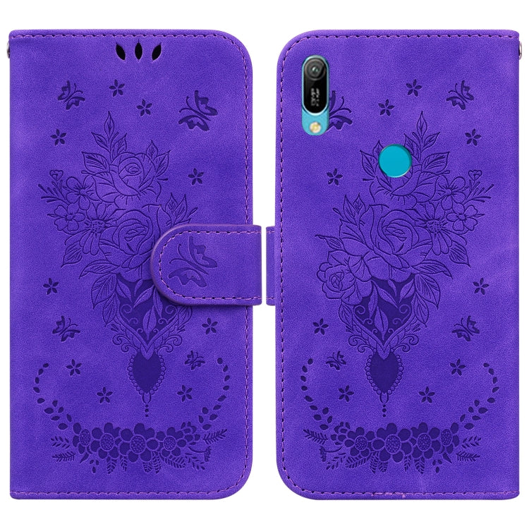 For Huawei Y6 2019 Butterfly Rose Embossed Leather Phone Case