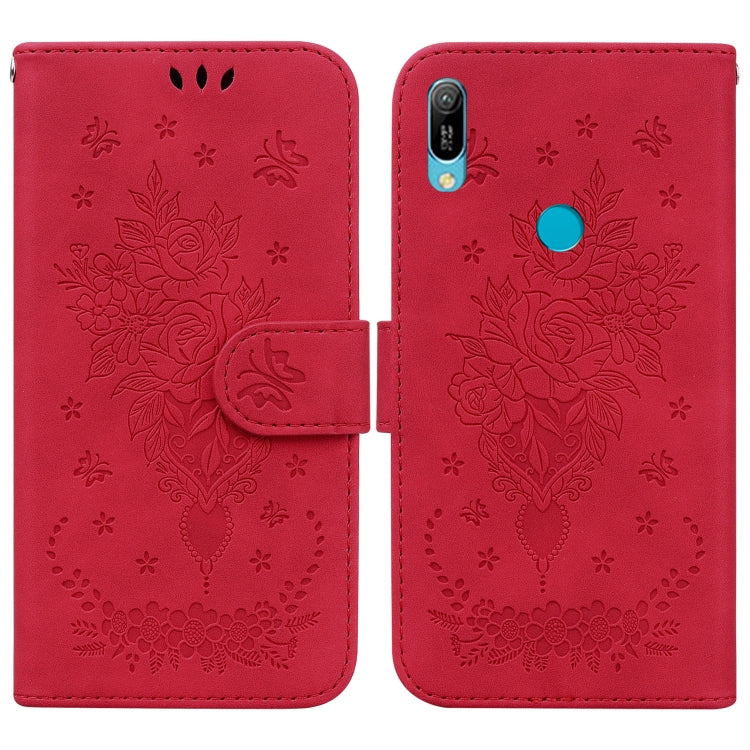 For Huawei Y6 2019 Butterfly Rose Embossed Leather Phone Case