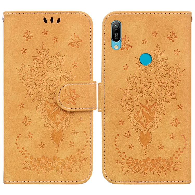 For Huawei Y6 2019 Butterfly Rose Embossed Leather Phone Case