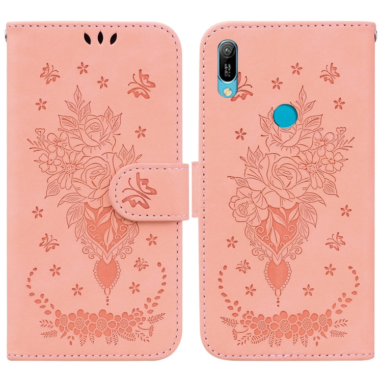 For Huawei Y6 2019 Butterfly Rose Embossed Leather Phone Case