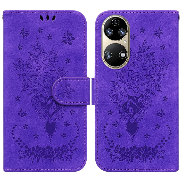 For Huawei P50 Butterfly Rose Embossed Leather Phone Case