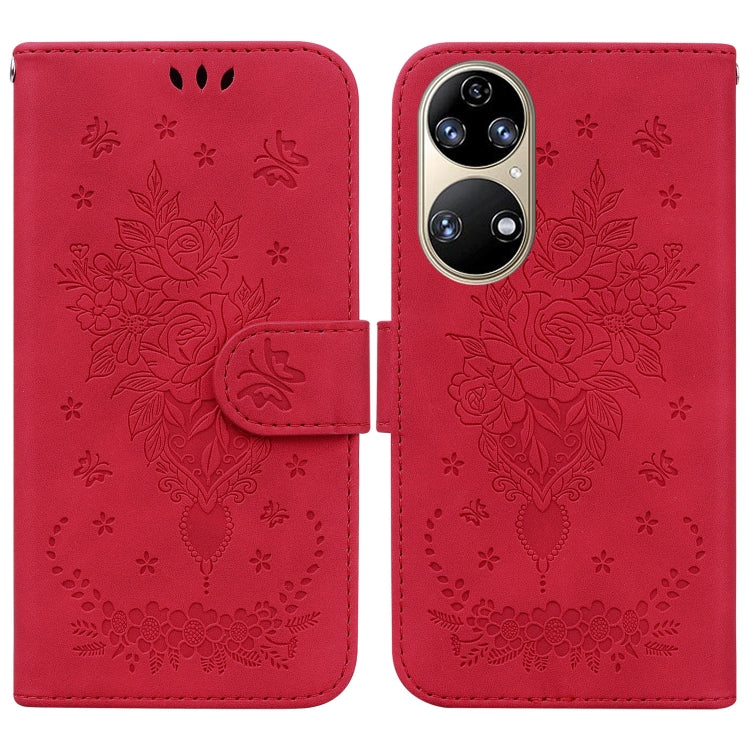 For Huawei P50 Butterfly Rose Embossed Leather Phone Case