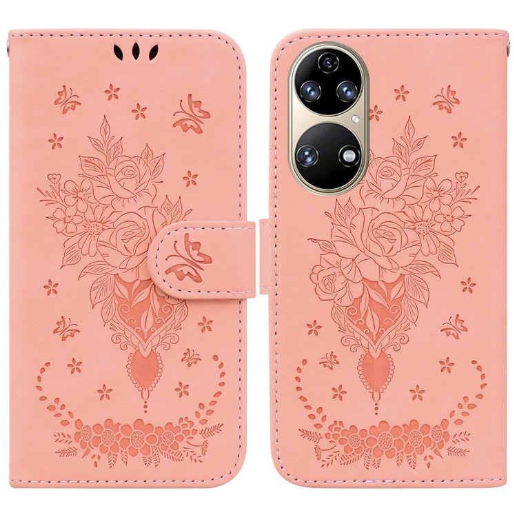 For Huawei P50 Butterfly Rose Embossed Leather Phone Case