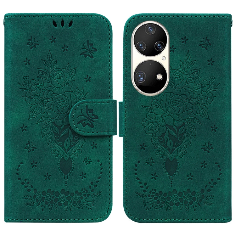 For Huawei P50 Pro Butterfly Rose Embossed Leather Phone Case