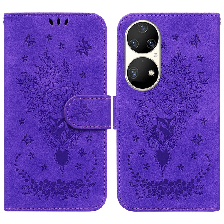 For Huawei P50 Pro Butterfly Rose Embossed Leather Phone Case