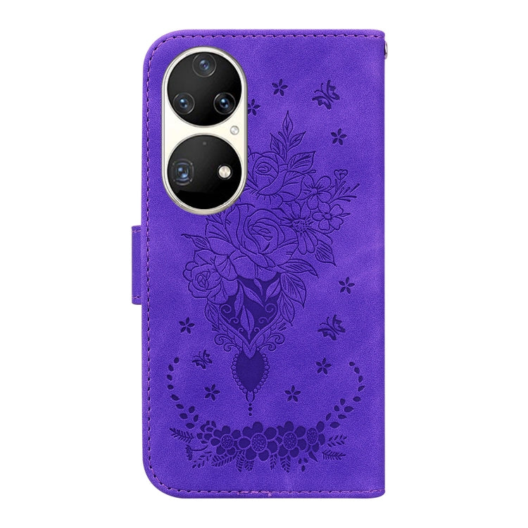 For Huawei P50 Pro Butterfly Rose Embossed Leather Phone Case