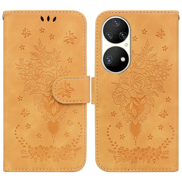 For Huawei P50 Pro Butterfly Rose Embossed Leather Phone Case