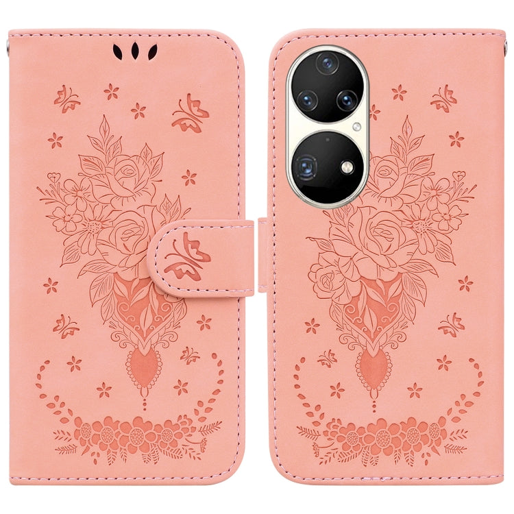 For Huawei P50 Pro Butterfly Rose Embossed Leather Phone Case
