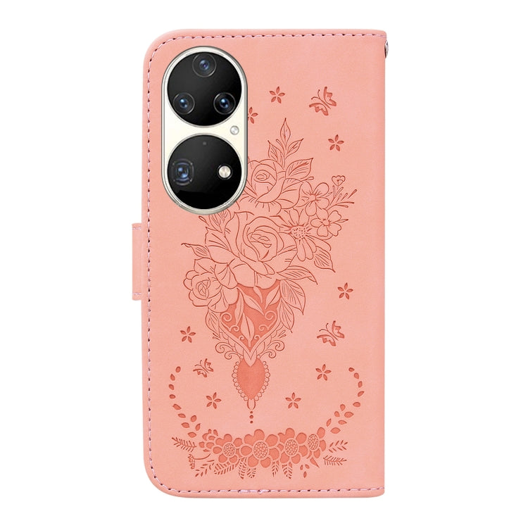 For Huawei P50 Pro Butterfly Rose Embossed Leather Phone Case