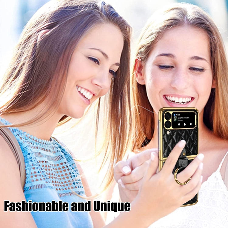 For Samsung Galaxy Z Flip3 5G Rhombic Leather Texture Ring Holder Phone Case