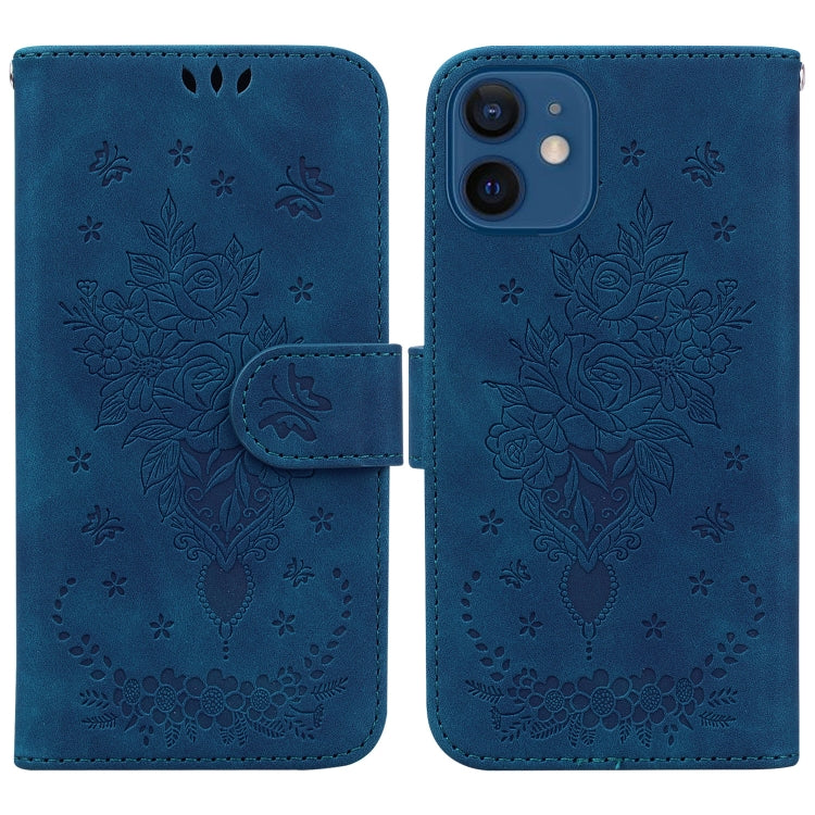 For iPhone 12 / 12 Pro Butterfly Rose Embossed Leather Phone Case
