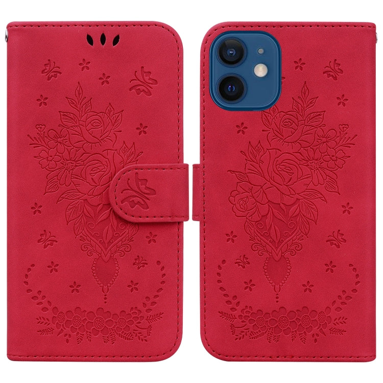 For iPhone 12 / 12 Pro Butterfly Rose Embossed Leather Phone Case