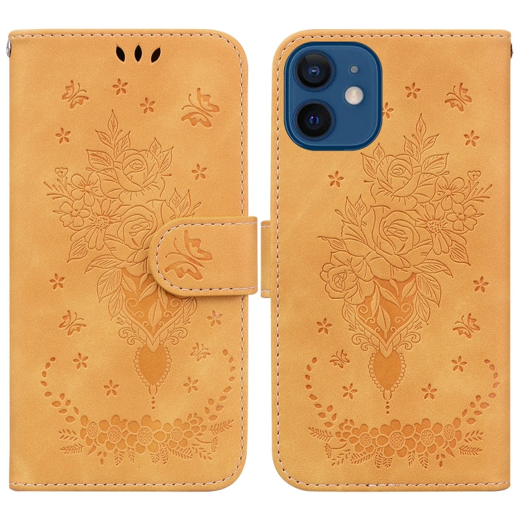 For iPhone 12 / 12 Pro Butterfly Rose Embossed Leather Phone Case