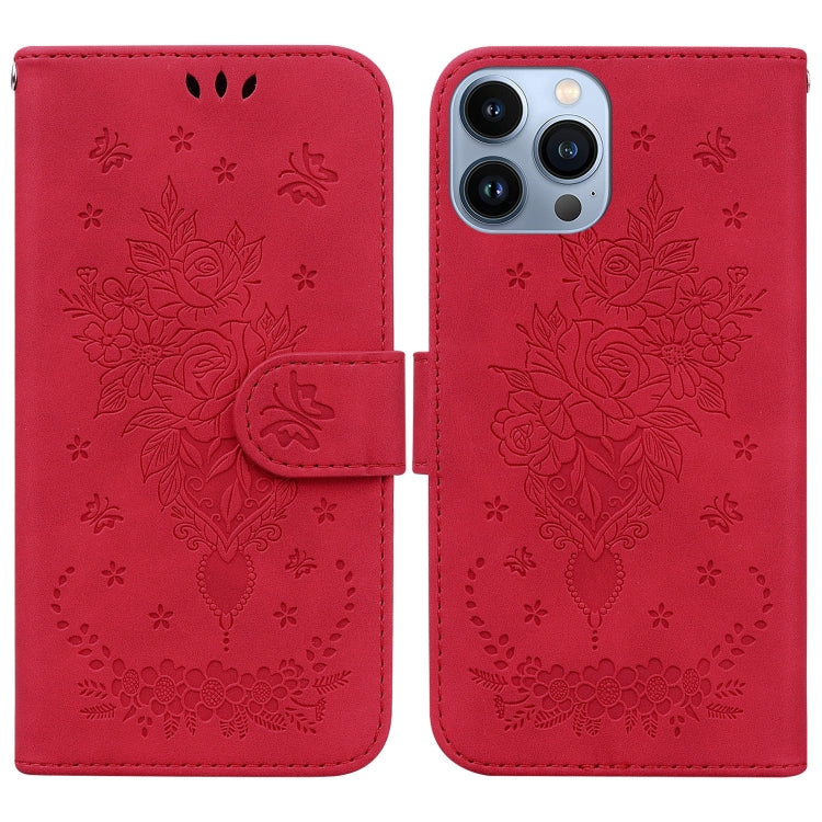 For iPhone 13 Pro Max Butterfly Rose Embossed Leather Phone Case