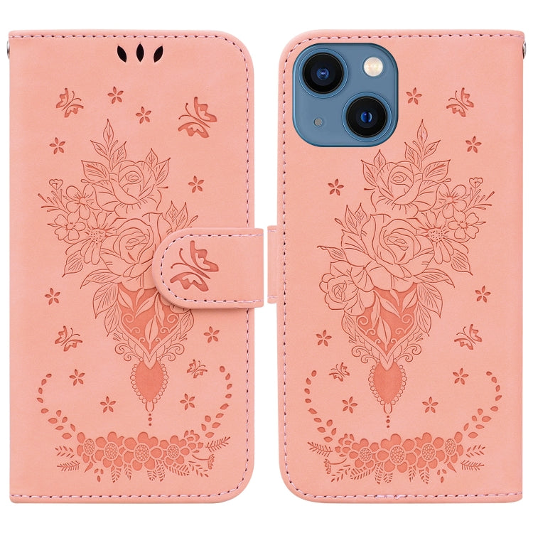 For iPhone 13 mini Butterfly Rose Embossed Leather Phone Case