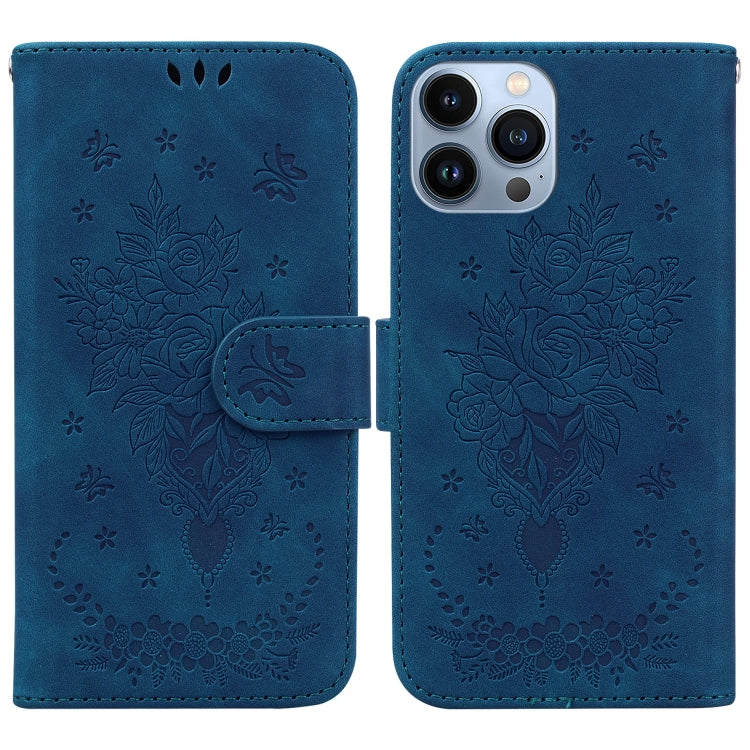 For iPhone 13 Pro Butterfly Rose Embossed Leather Phone Case