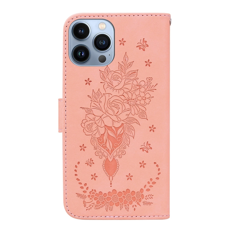 For iPhone 13 Pro Butterfly Rose Embossed Leather Phone Case