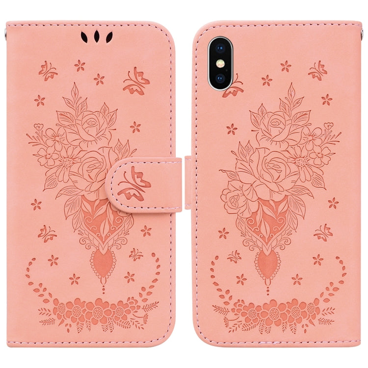 For iPhone X / XS Butterfly Rose Embossed Leather Phone Case