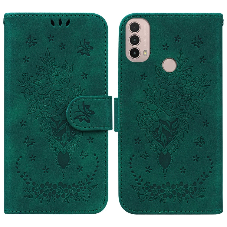 For Motorola Moto E20 / E30 / E40 Butterfly Rose Embossed Leather Phone Case
