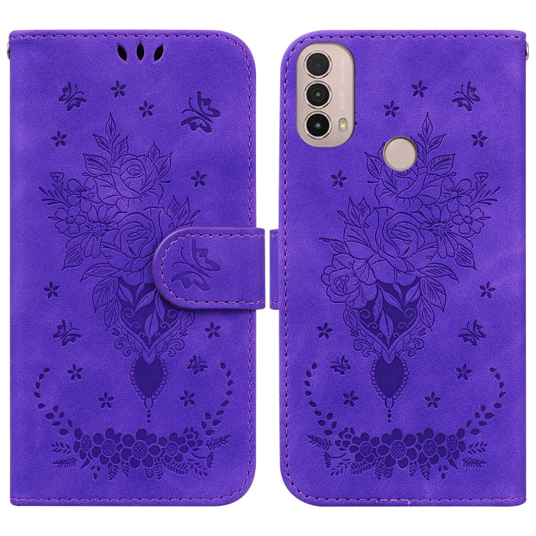 For Motorola Moto E20 / E30 / E40 Butterfly Rose Embossed Leather Phone Case