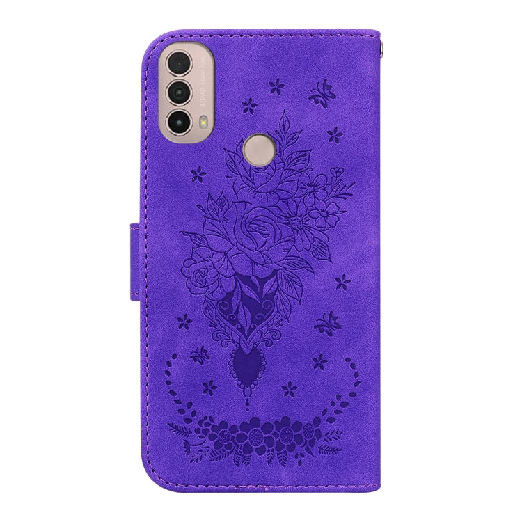 For Motorola Moto E20 / E30 / E40 Butterfly Rose Embossed Leather Phone Case